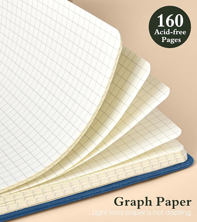 PAIBAS Graph Notebook for Women Men, 160 Pages Grid Paper, Graphing Notebooks for School, Work, Quad Ruled, Inner Pocket, A5 Hardcover Vintage Leather Journals for Writing, 5.8"x8.5" (Navy) - Bloomnest