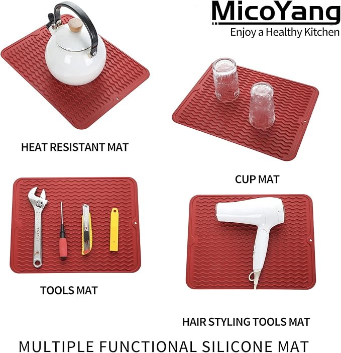 Silicone Dish Drying Mat for Multiple Usage,Easy clean,Eco-friendly,Heat-resistant Silicone Mat for Kitchen Counter or Sink,Refrigerator or drawer liner Red L 16 inches x 12 inches - Bloomnest
