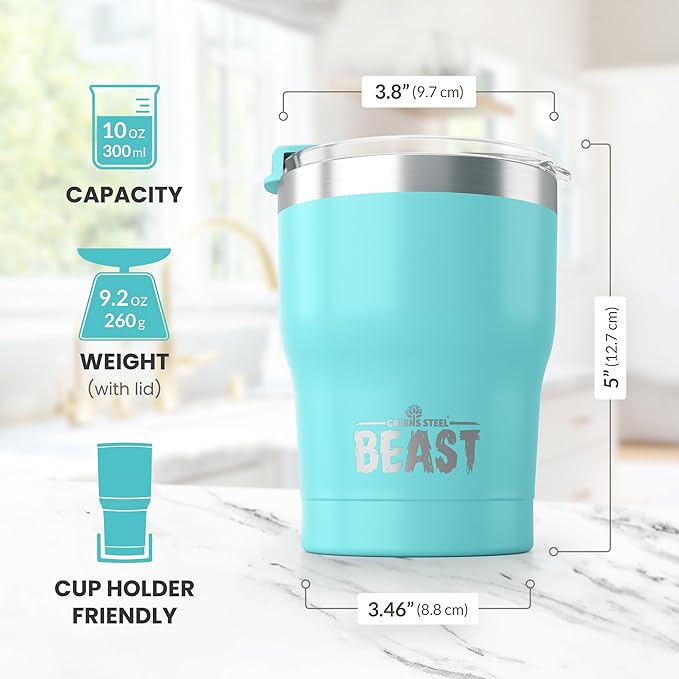 Beast 10 oz Tumbler Stainless Steel Vacuum Insulated Coffee Ice Cup Double Wall Travel Flask (Aquamarine Blue) - Bloomnest