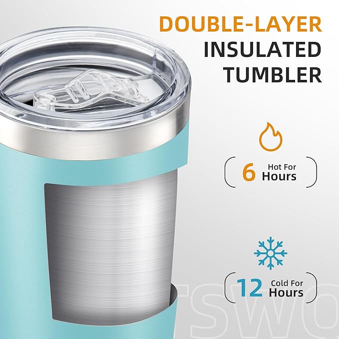 20 oz Tumbler Bulk with Lid Stainless Steel Insulated Tumblers Double Wall Vacuum Coffee Mug Powder Coated Tumbler Cups for Cold and Hot Drinks, Sky Blue, 6 pack