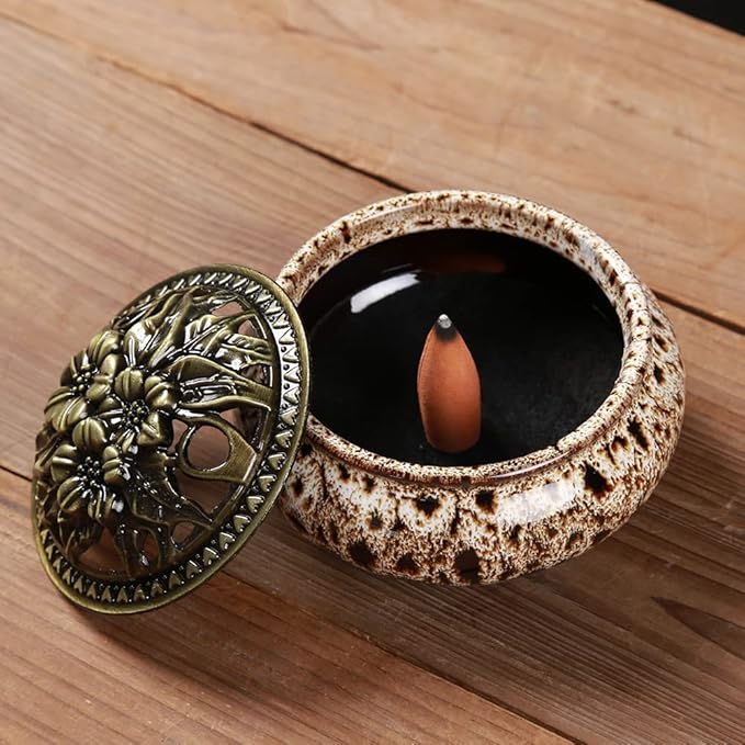 Incense Burner with Calabash Incense Stick Holder - Porcelain Charcoal Censer for Use with Resin Granular Powder Cone or Coil Incense (Fambe Gray) - Bloomnest