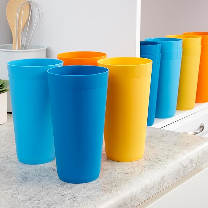 US Acrylic Newport 32 ounce Unbreakable Plastic Stackable Iced-Tea Tumblers in 4 Sunrise Colors | Set of 12 Drinking Cups | Reusable, BPA-free, Made in the USA, Top-rack Dishwasher and Microwave Safe - Bloomnest