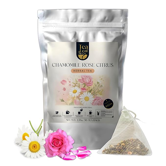 Tealeaf & Co. Chamomile Rose Citrus Herbal Tea Bags - Organic Chamomile Tea Bags with Rose Petals, Orange Peel, Lemon Grass, Hibiscus & Mint Leaves - Low Caffeine - Gluten Free - 50 Teabags - Bloomnest