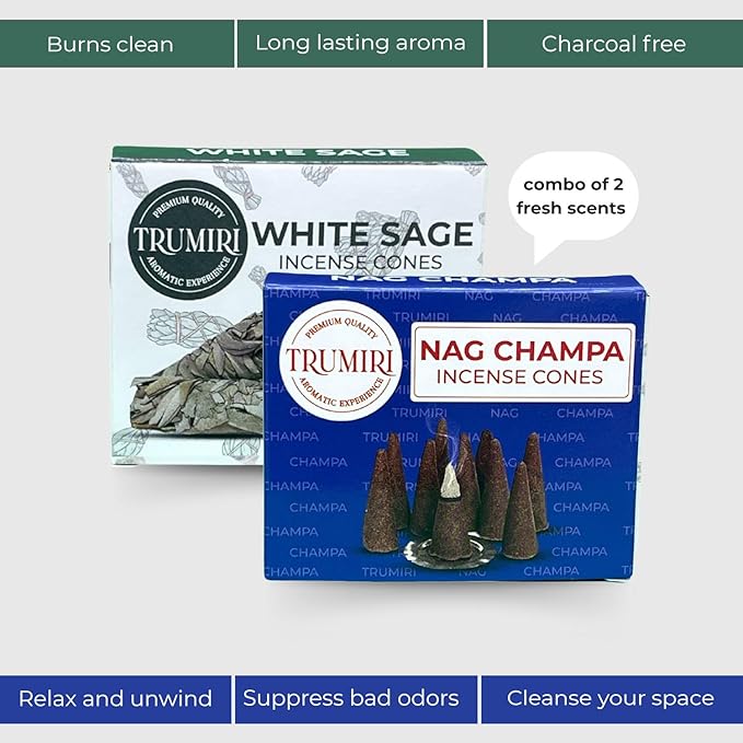 TRUMIRI Incense Cones - Combo Pack of 20 Cone Incense - 10 Nag Champa + 10 White Sage - Insence Cones - Incense Cones Scented - Cone Incense Scents - Insense Cones - Incent Cone TRUMIRI