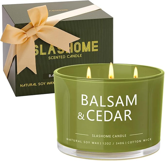 Balsam Cedar Candle, Large 3 Wick 12oz Soy Scented Candle, Luxury Christmas Birthday & Holiday Gift for Women & Men, Long Lasting 60+ Hour Clean Non-Toxic Burn, Elegant Winter Home Decor - Bloomnest