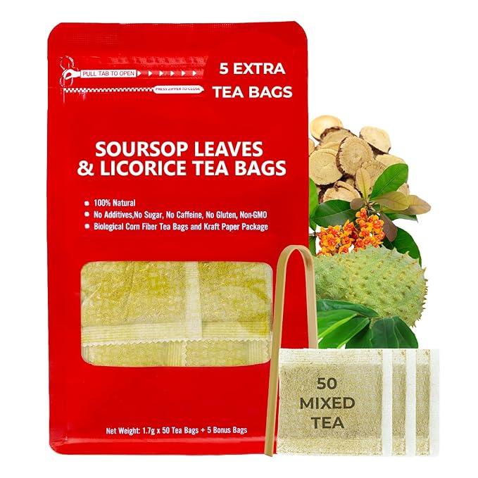 Soursop Leaf Tea with Celastrus Hindsii & Licorice - 55 Count (+5 Tea Bags) - 4.44 oz, Bamboo Tong Include, Re-Steep Corn Based Tea Bags, Natural Herbal Tea for Comfort Relax - Bloomnest