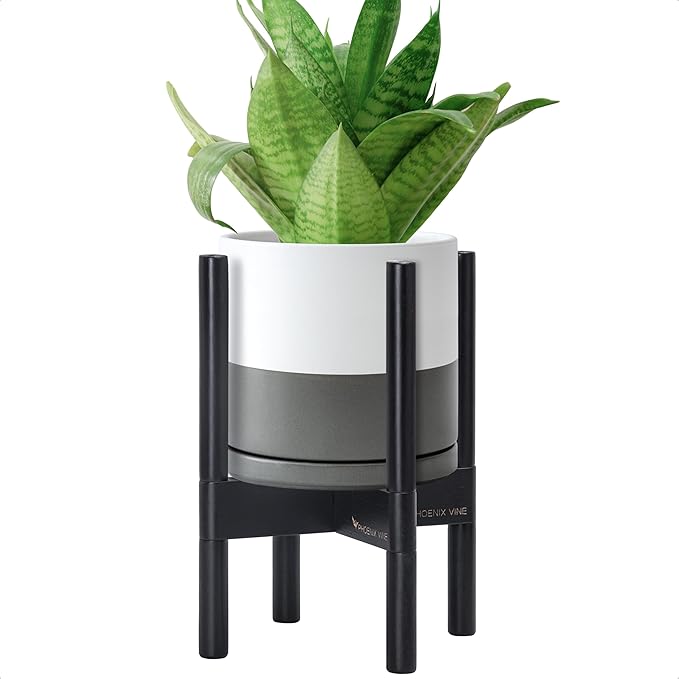 D'vine Dev Ceramic Planter with Ebony Stand - 8 Inch Modern Round Flower Pot with Wood Planter Holder, White/Grey, 55-B-M-6 - Bloomnest