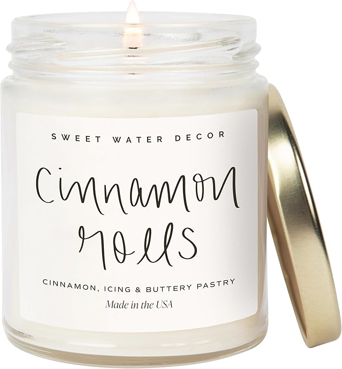 Sweet Water Decor Cinnamon Roll Candle - Fall Scented with Cinnamon, Icing and Buttery Pastry for Home - Soy Candle with 40 Hours Burn Time - 9Oz Gold Lid Clear Jar Autumn Scents - Bloomnest