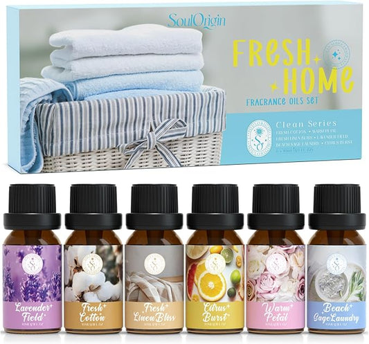 Clean Essential Oils Set, SoulOrigin Fragrance Oil Gift Set for Oil Diffusers, Scented Oils 6x10ml - Beach Sage Laundry Detergent, Citrus Burst, Lavender Fields, Fresh Linen, Warm Petals, Fresh Cotton - Bloomnest