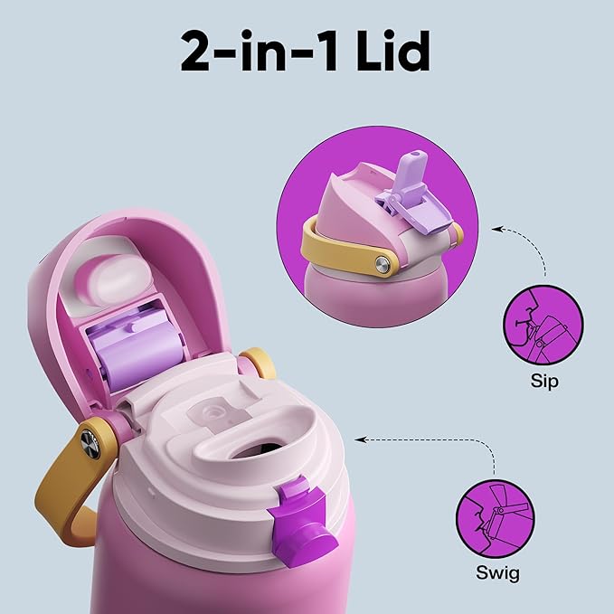 Insulated Water Bottle with Straw - Encool Stainless Steel Water Bottle with Push Button Lid, Leak-Proof & BPA-Free, Keeps Cold for 24 Hours for Sports, Travel, Gym (32 oz, Light Orchid-Fuchsia) ENCOOL