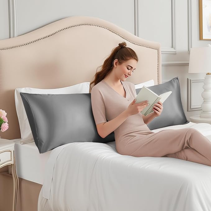 INFIIXSO Body Pillow Cover with Zipper, Luxury Mulberry Silk Body Pillow Case 20x54 Inches, Ultra Smooth and Soft Cooling Long Pillowcase, Gift for Women, Men(Dark Grey) - Bloomnest