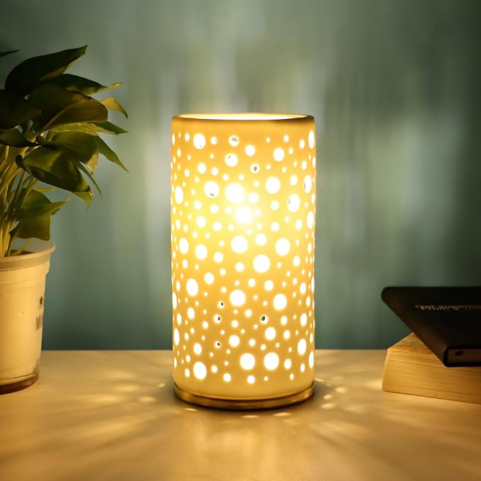 Small Modern Ceramics Bedside Table Lamp, 4 x 4 x 8 Inch White Round Hole Style Nightstand Lamps, Side Table Lamps for Bedroom Living Room Entryway Table Light