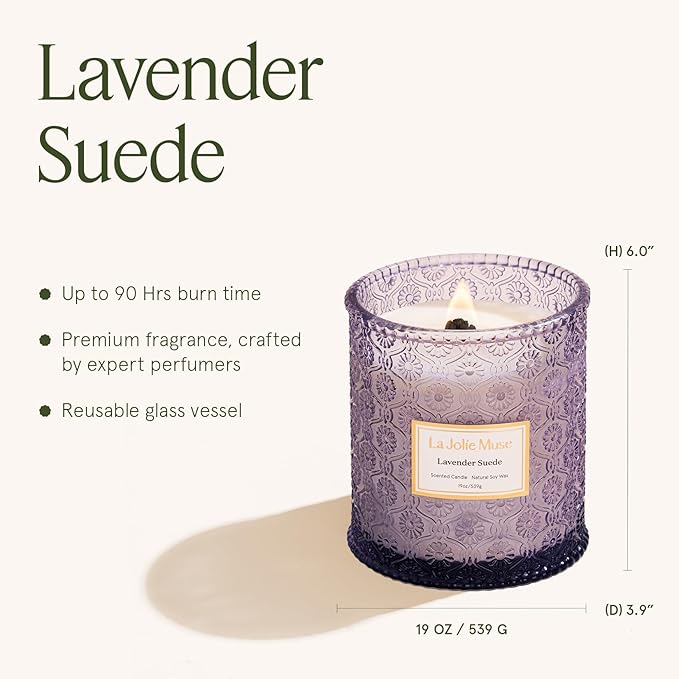LA JOLIE MUSE Lavender Suede Candle – Eucalyptus, Lavender & Sandalwood 19 oz Large Wooden Wick Candle | Natural Soy Wax | 90 Hours Clean Burn | Aromatherapy Candle for Relaxation - Bloomnest