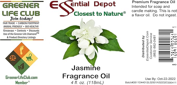 Essential Depot Jasmine Fragrance Oil - Supplied in 4 oz. Amber Glass Bottle with Black Phenolic Cone Lined and Safety Sealed Cap