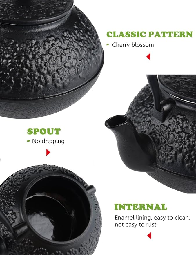 Sotya Cast Iron Teapot, 40oz/1200ml Japanese Tetsubin Tea Pot with Infuser for Loose Leaf and Tea Bags, Tea Kettle Coated with Enameled Interior for Stove Top, Black - Bloomnest