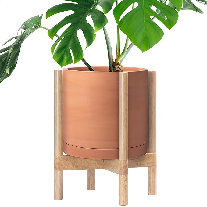 D'vine Dev Terracotta Planter with Natural Stand - 12 Inch Modern Round Flower Pot with Wood Planter Holder, Terracotta, 55-B-J-5 - Bloomnest