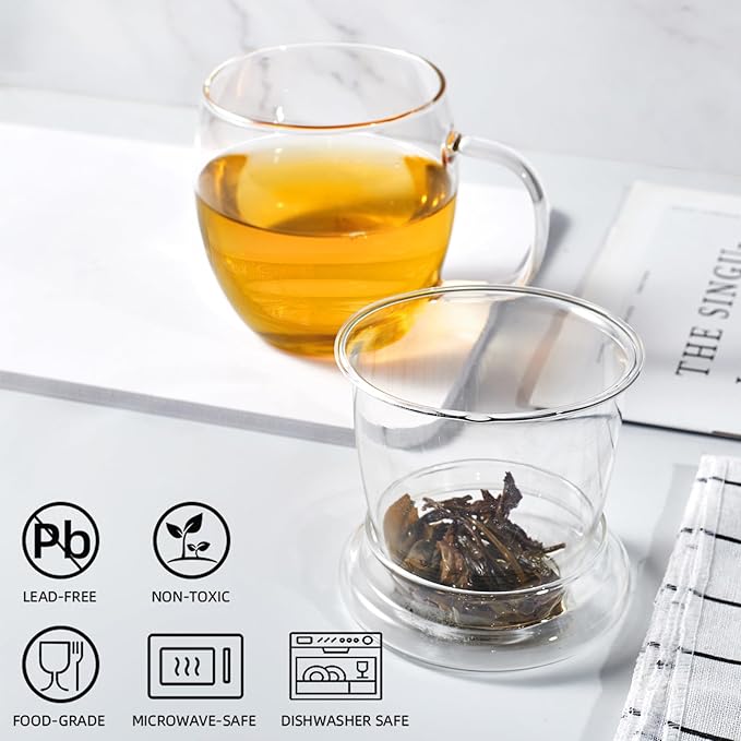 Lezero Glass Tea Cups with Infuser and Lid Kit, Heat Resistance Teacup with Filter for Brewing Blooming & Loose Leaf-Tea, Lead-free, Microwave & Dishwasher Safe, 17oz - Bloomnest
