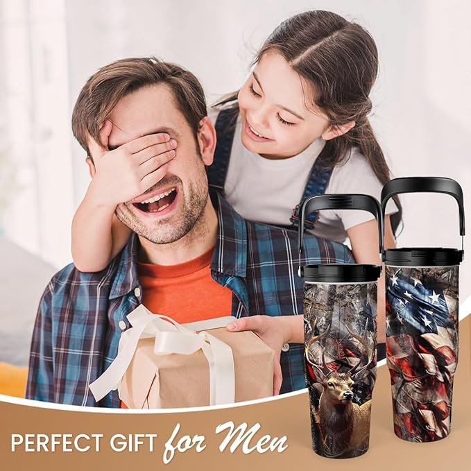 SANDJEST Hunting Gift for Men, Deer Hunting Tumbler with Handle, 30oz Flip Straw Stainless Steel Insulated Coffee Travel Cup, Gifts for Hunter Dad Grandpa for Birthday Christmas Fathers Day - Bloomnest