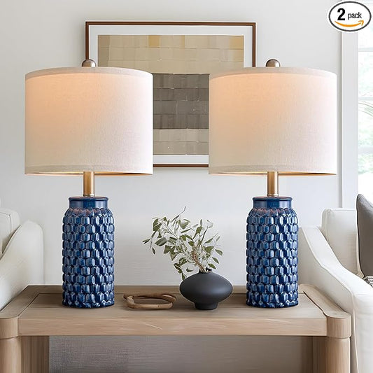 20.5 inches Modern Ceramic Dark Blue Bedside Lamp Set of 2 for Bedroom Decor Farmhouse Table Lamp for Living Room Office Dorm - Bloomnest