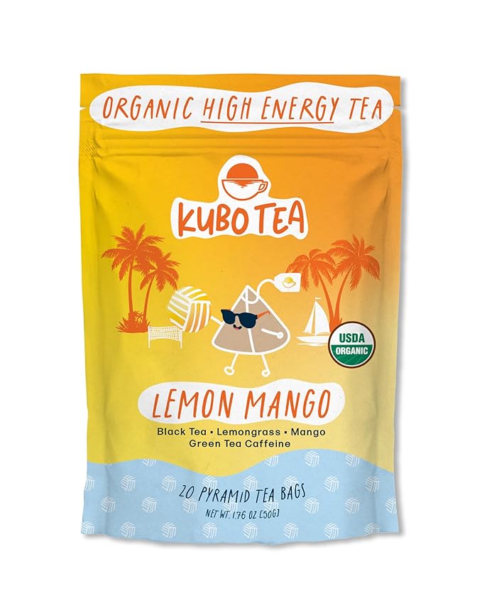 Kubo Tea Lemon Mango Black Tea - Organic High Caffeine Energy Blend - 20 Pyramid Tea Bags (155mg Caffeine each) - Healthy Sugar Free Coffee Substitute for Hot and Iced Drinks - Biodegradable Packaging - Bloomnest