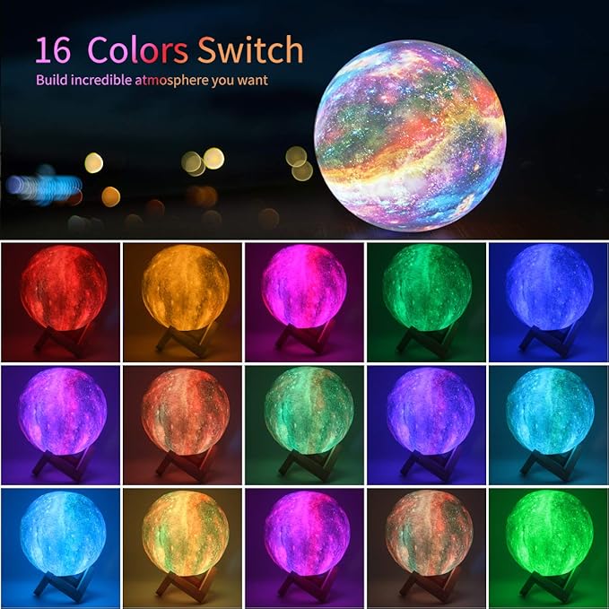 Moon Lamp, Kids Night Light Galaxy Lamp - 16 Colors Moon Light with Wood Stand Remote & Touch Control USB Rechargeable Gift for Girls&Boys Lover Birthday - 4.8 inch - Bloomnest