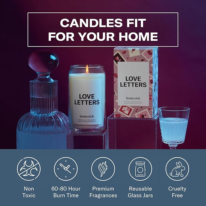 Homesick Scented Candles for Home (Love Letters) - 13.75 oz Natural Long-Lasting Soy Wax Blend Jar Candle Gifts for Women & Men, 60-80 Hours Burn Time - Notes of Rose, Jasmine & Peony - Bloomnest
