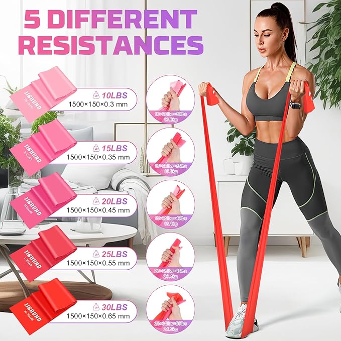 5 Pcs Resistance Bands, Professional Exercise Bands Elastic Stretch Bands for Fitness Yoga Pilates Stretching Strength Training, Workout Bands for Women and Men Home Gym - Bloomnest