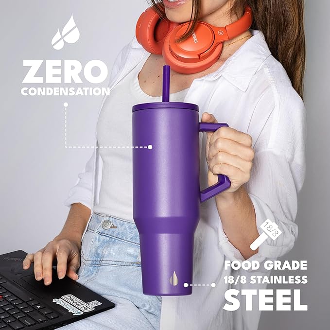 Elemental 40 oz Tumbler with Handle and Straw - Spill Proof Insulated Stainless Steel Commuter for Hot and Cold Beverages - Travel Coffee Mug with 2 Straws & Spill Proof Lid - 40oz - Purple - Bloomnest