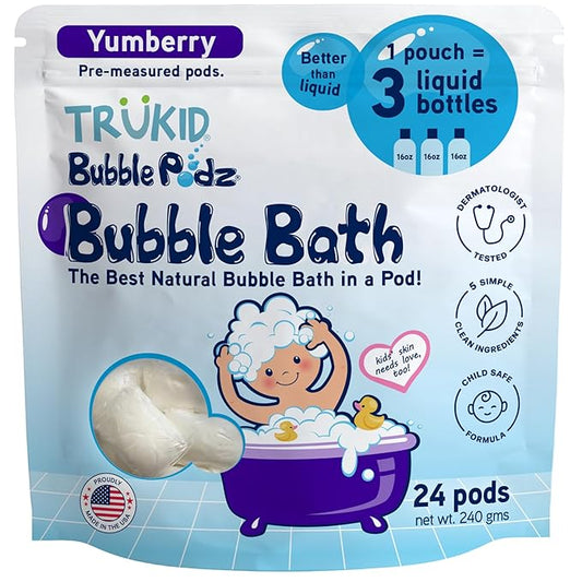 TruKid Bubble Podz Bubble Bath for Kids, Toddlers, & Babies, Tear Free Gentle & Refreshing Bath Bomb for Sensitive Skin with Natural Moisturizers, Non-Toxic, pH Balanced, Yumberry Scent (24 Podz) - Bloomnest