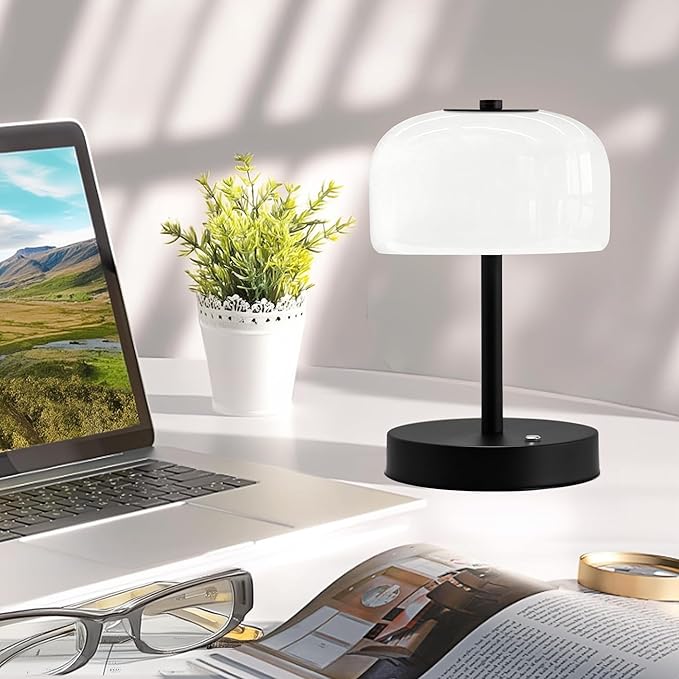 Oneach 9" Small Portable Cordless Table Lamp, 3-Way Dimmable Touch Rechargeable Battery Powered Mushroom Lamp Bedroom Dining Table Living Room Shelf Decor, Black - Bloomnest