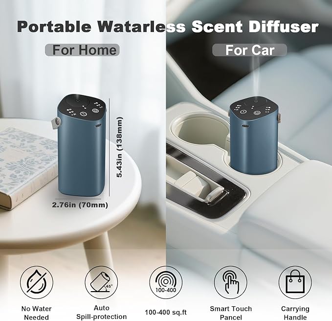 Waterless Essential Oil Diffuser for Car & Home, Aromatherapy Diffuser with 4 Timer (1/3/6/Off), 3 Mist Mode, Battery Operated, Air Scent Diffuser for Bathroom Office, Small Aroma Diffuser Greyblue - Bloomnest