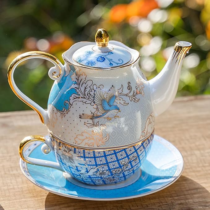 ACMLIFE Tea for One Teapot and Cup, Vintage Floral Porcelain Tea Set for One, Bone China Teapot with Cup Set, Tea Pot Gift for Women (Blue-B) - Bloomnest