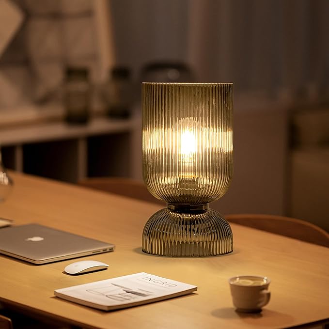 Modern Table Lamp,Glass Mid Century Lamp with Smoky Gray Glass Shade, Bedside Lamp with On/Off Switch, Minimalist Nightstand Lamp for Bedroom, Living Room, Office (Bulb not Included) - Bloomnest