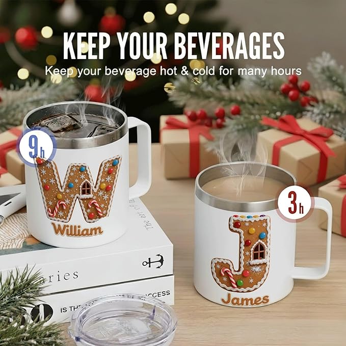 Personalized Christmas Mug | Custom Gingerbread House Initial Insulated Coffee Cup with Handle & Lid | 12oz Holiday Tumbler, Cute Baking & Stocking Stuffer Gift (B17) - Bloomnest