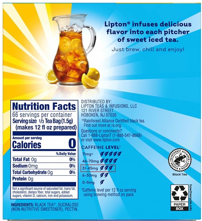 Lipton Southern Sweet Tea Iced Tea Drink Mix 22 Family Size Tea Bags 90.7g Box - Bloomnest