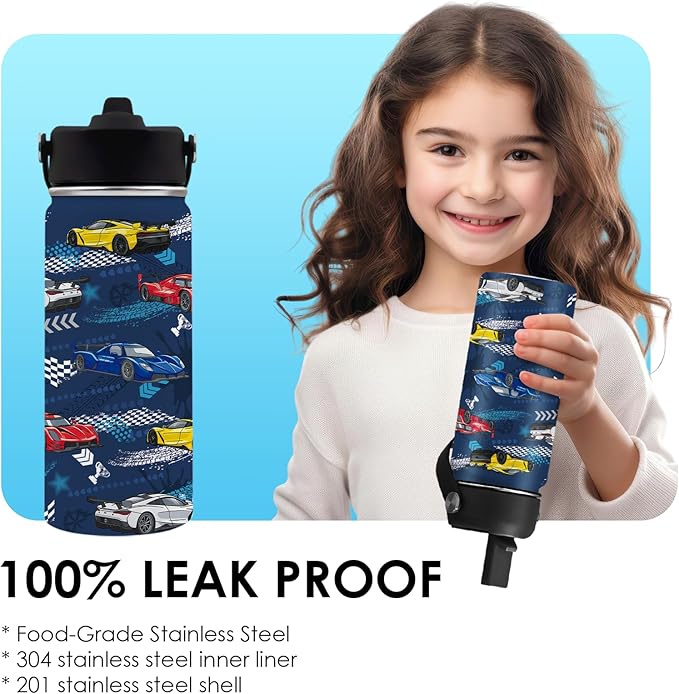 Racing Car Gifts 16 oz Water Bottle with Straw Lid, Stainless Steel Insulated Tumbler, Leak Proof, BPA - Free, Cool Racing Car Pattern Mug for Birthday, Christmas, Daily Use, Travel (1pc) - Bloomnest