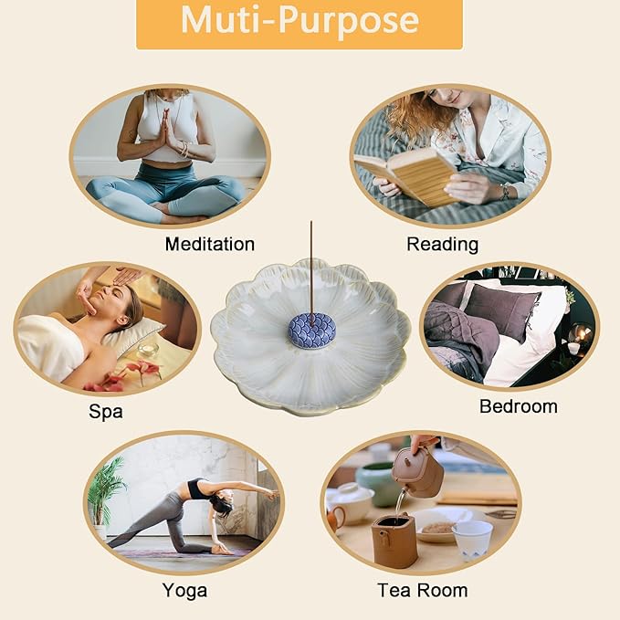 Ceramic Incense Holder for Sticks, Handmade Incense Burner Trays with 3 Pcs Incense Holes, Multi-Purpose Ash Catcher for Coils, White Sage & Palo Santo, Smudge Bowl for Meditation Yoga Decor (White)