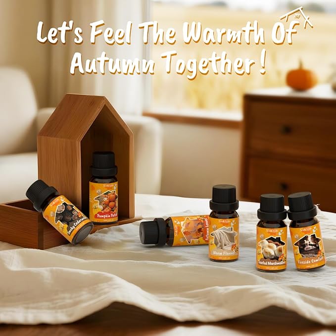 Fall Cozy Cabin Fragrance Oils Set, Essential Oil for Diffuser, Use for Soap Candle Making-Smoky Cedar Wood, Roasted Marshmallows, Autumn Leaves, Warm Flannel, Fireplace Time, Pumpkin Patch - Bloomnest