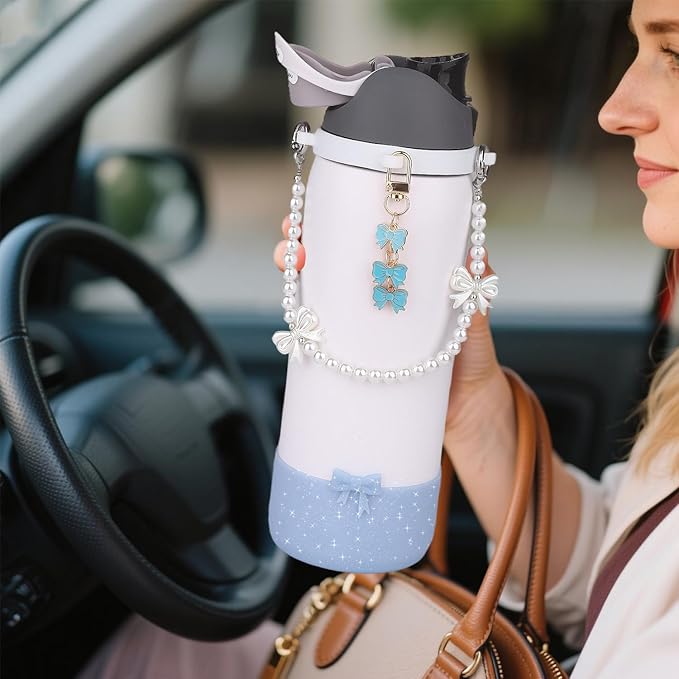 Water Bottle Accessories Set for Owala FreeSip 24oz、32 oz– Includes Pearl Handle Strap, Bow Charms,2.9in .3inch Silicone Bling Boot for Owala Accessories for Women Bloomnest