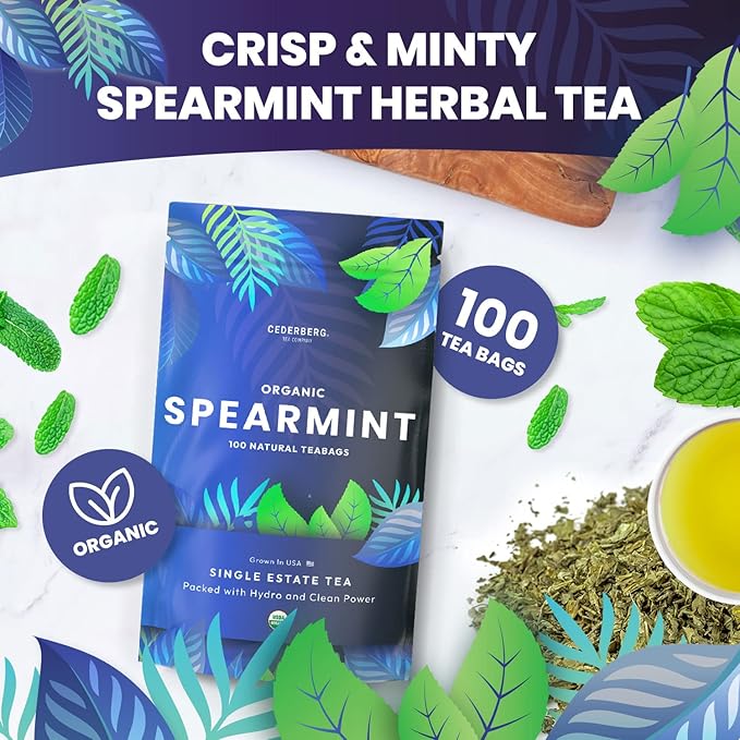 Organic Spearmint Herbal Tea — 100 Tea Bags | Grown in USA | Eco-Friendly Tea Bags | Non-GMO Caffeine Free Tea | Cederberg Tea Company - Bloomnest