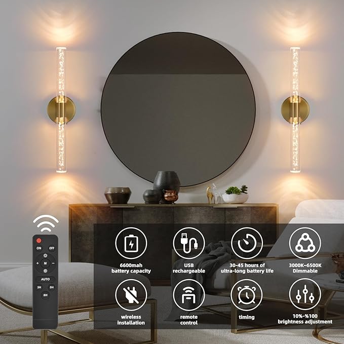 Battery Operated Wall Sconces Set of Two, Gold 20'' Rechargeable Crystal Bubble Wall Sconce with Remote Control, 3000K-6000K Dimmable LED Wireless Wall Lights for Living Room Bedroom Bathroom Hallway - Bloomnest