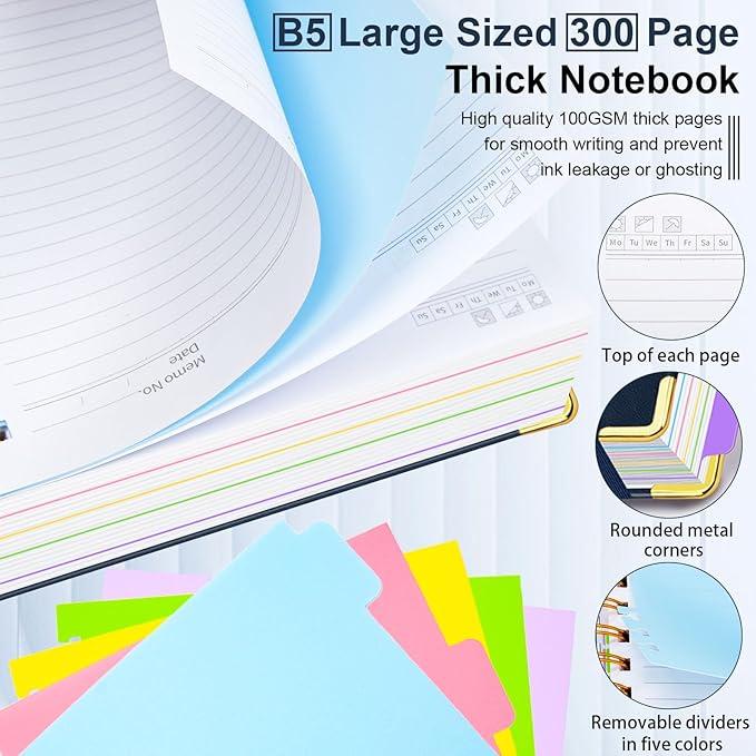 Hardcover Spiral Notebook 8"x10" Journal Notebook with Tabs and Removable Dividers 300 Pages 5 Subject Notebook College Ruled, Faux Leather Spiral Bound Notebook for Women School Work (Dark Blue) - Bloomnest