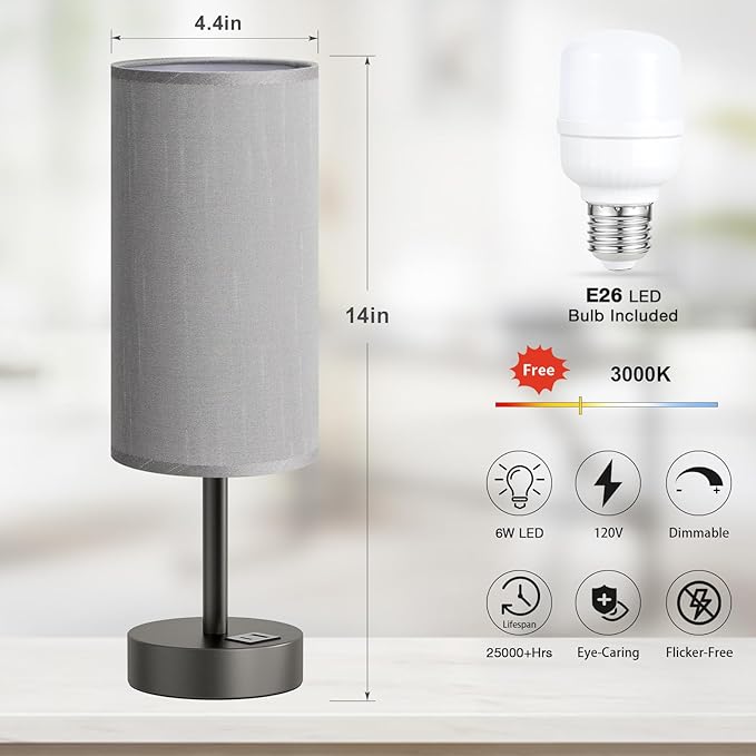 Small Touch Bedside Lamp with USB - 3 Way Dimmable Grey Table Lamp for Bedroom, Nightstand Lamp with Charging Station for Desk Dorm, Office - Bloomnest