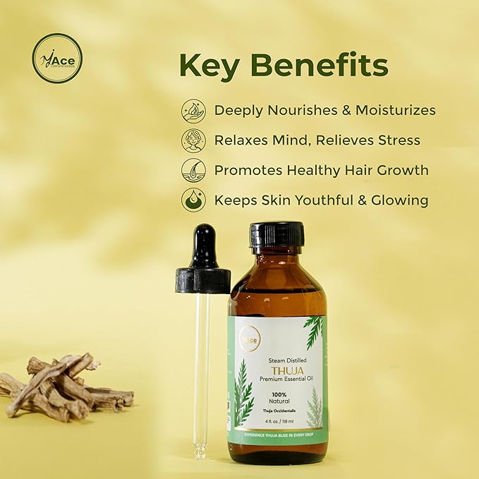 My Ace Pure & Natural Thuja Essential Oil – Steam-Distilled Thuja Orientalis | 100% Natural Oil for Diffuser, Aromatherapy, Skin & Hair Care, Massage, Soap & Candle Making – 4 fl oz with Dropper MyAce