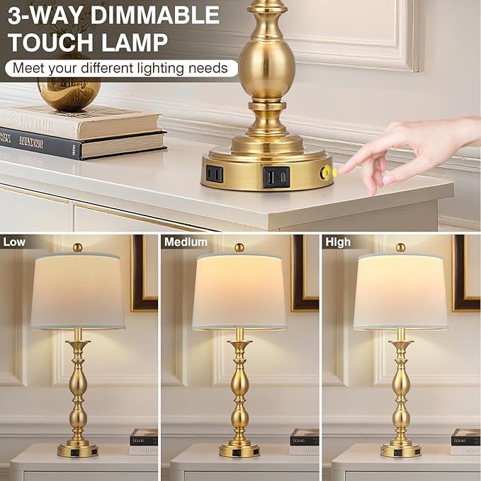 28" Tall Modern Table Lamps Set of 2 with USB A+C Ports and AC Outlet, 3 Way Touch Metal Bedside Lamps for Bedroom, Gold Farmhouse Nightstand Lamps for Living Room - Bloomnest