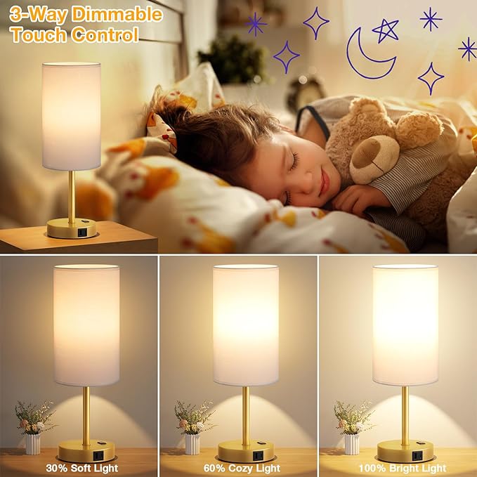 Touch Bedside Table Lamp with USB - 3 Way Dimmable Gold Lamp for Bedroom Nightstand, Desk Lamp with Charging Station for Dorm, Office, Kids Room, Living Room - Bloomnest