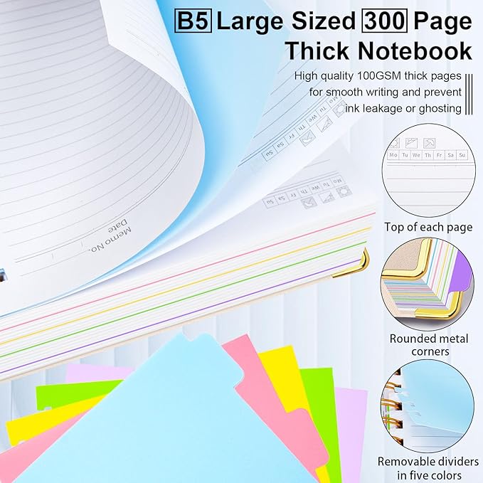 Hardcover Spiral Notebook 8"x10" Journal Notebook with Tabs and Removable Dividers 300 Pages 5 Subject Notebook College Ruled, Faux Leather Spiral Bound Notebook for Women School Work (White) - Bloomnest