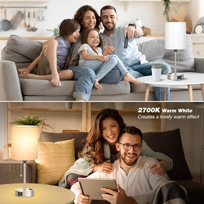 White Bedside Lamp for Bedroom - 3 Color Temperatures Desk Lamp with USB C and A Ports, Pull Chain Table Lamp with AC Outlet, Nightstand Lamp with Silver Metal Base for Kids Girls - Bloomnest