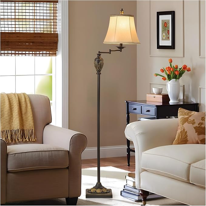 Traditional LED Floor Lamp with 350° Adjustable Swing Arm Lamp – Vintage Standing Pole lamp for Living Room, Bedroom and Office – Rustic Upright Floor Light for Home Décor with Silk Fabric Shade - Bloomnest