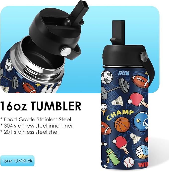 Sports Gifts for Men & Women - 16oz Water Bottle with Straw Lid, Stainless Steel Insulated Tumbler, Leakproof, BPA-Free, for Her, Daily Use, Travel - Sport Lovers Birthday Gift Cup (1pc) - Bloomnest